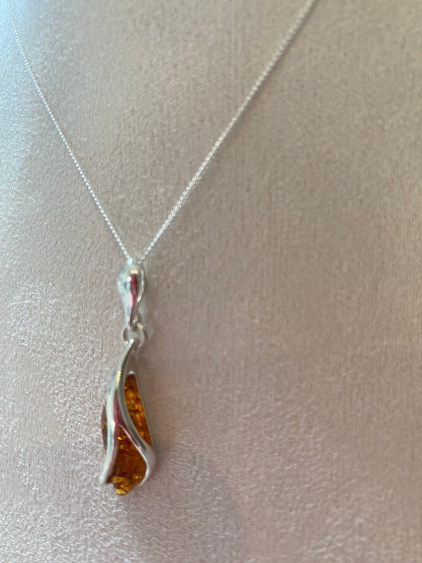 Modern Drop Pendant in Sterling Silver and Cognac Baltic Amber - Louise's Jewellery Box