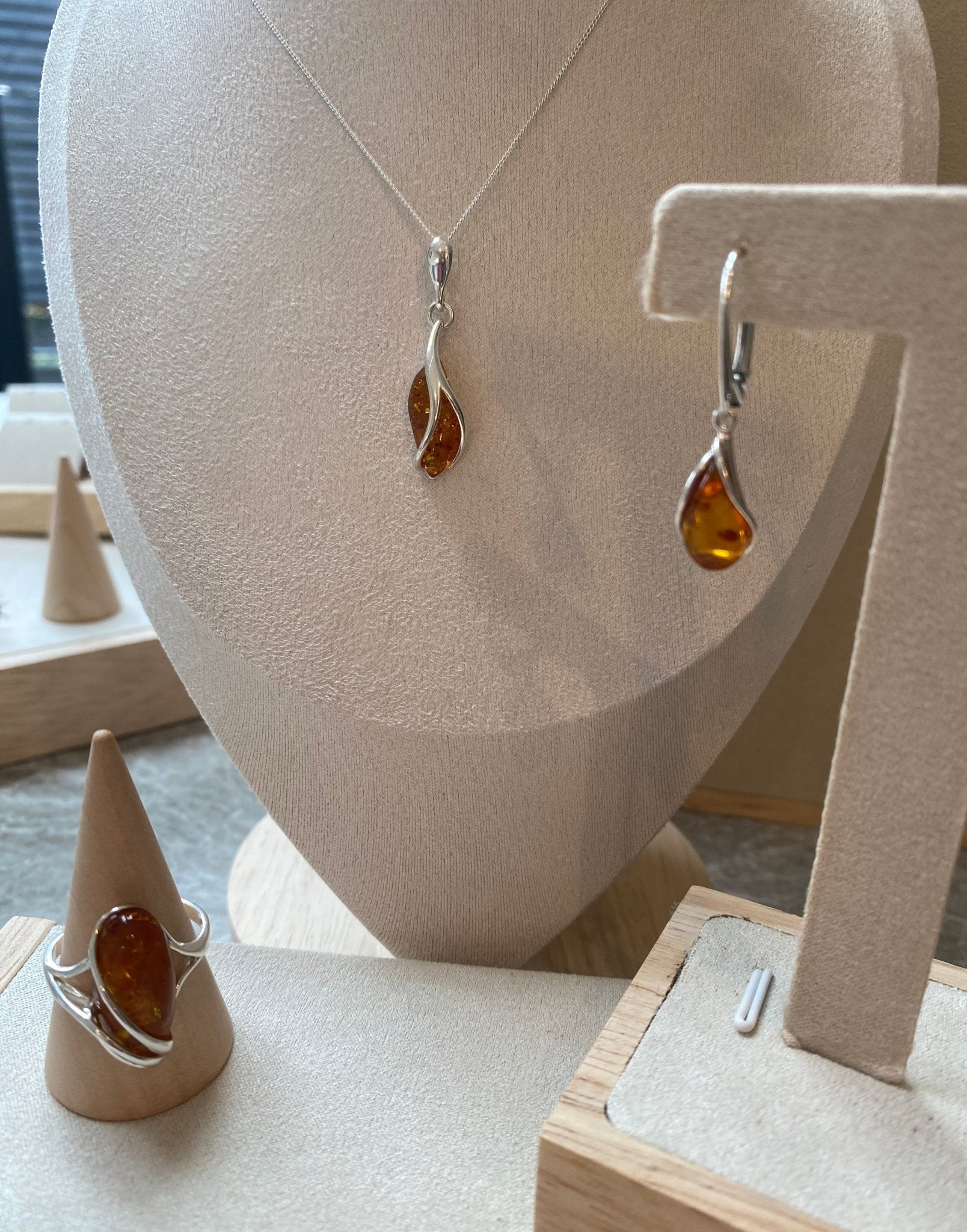 Modern Drop Pendant in Sterling Silver and Cognac Baltic Amber - Louise's Jewellery Box