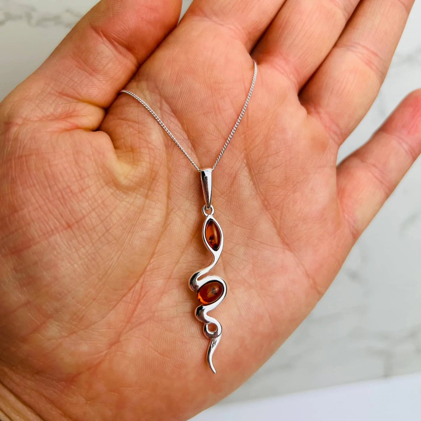 Modern Snake Pendant in Sterling Silver with Cognac Baltic Amber - Louise's Jewellery Box
