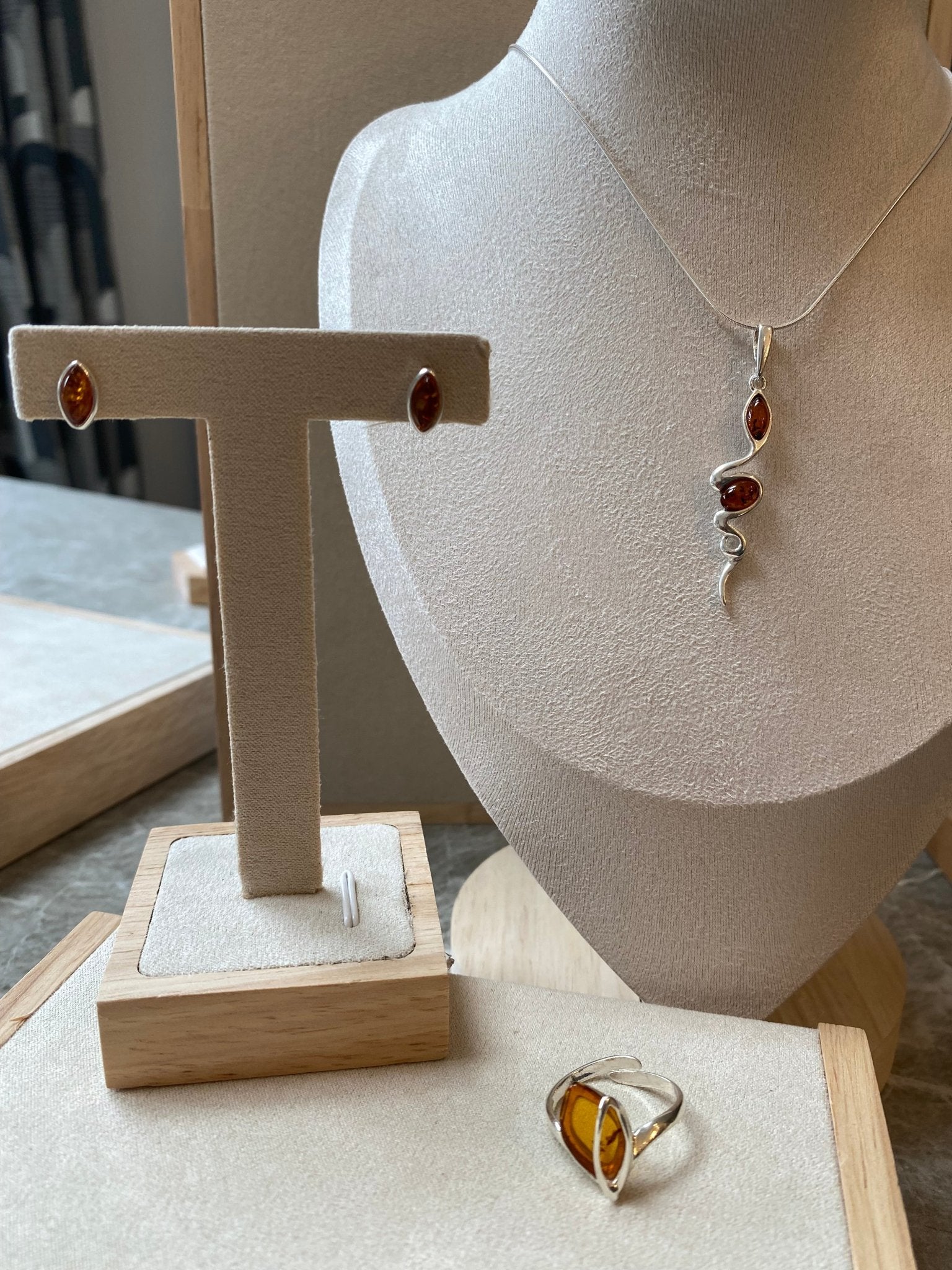 Modern Snake Pendant in Sterling Silver with Cognac Baltic Amber - Louise's Jewellery Box