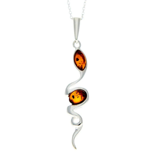 Modern Snake Pendant in Sterling Silver with Cognac Baltic Amber - Louise's Jewellery Box