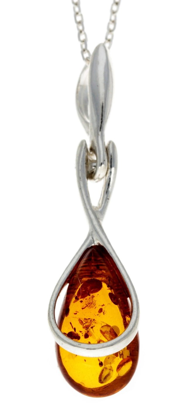 Modern Teardop Pendant in Sterling Silver with Cognac Baltic Amber - Louise's Jewellery Box