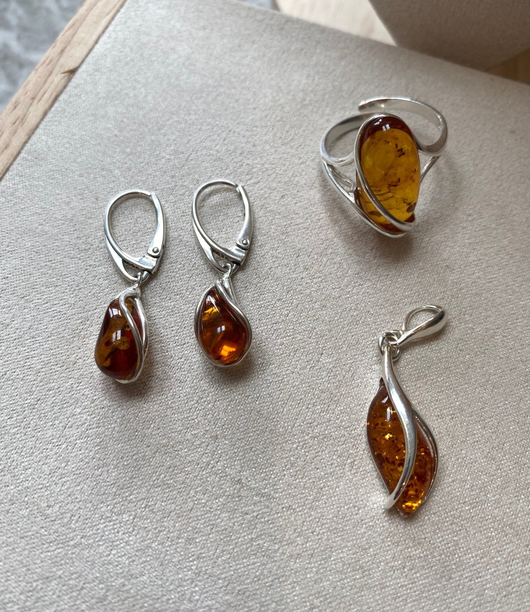 Modern Teardrop Drop Earrings in Sterling Silver and Cognac Baltic Amber - Louise's Jewellery Box