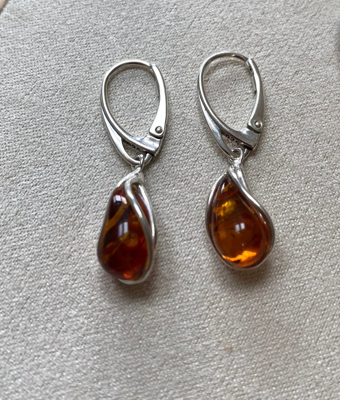 Modern Teardrop Drop Earrings in Sterling Silver and Cognac Baltic Amber - Louise's Jewellery Box