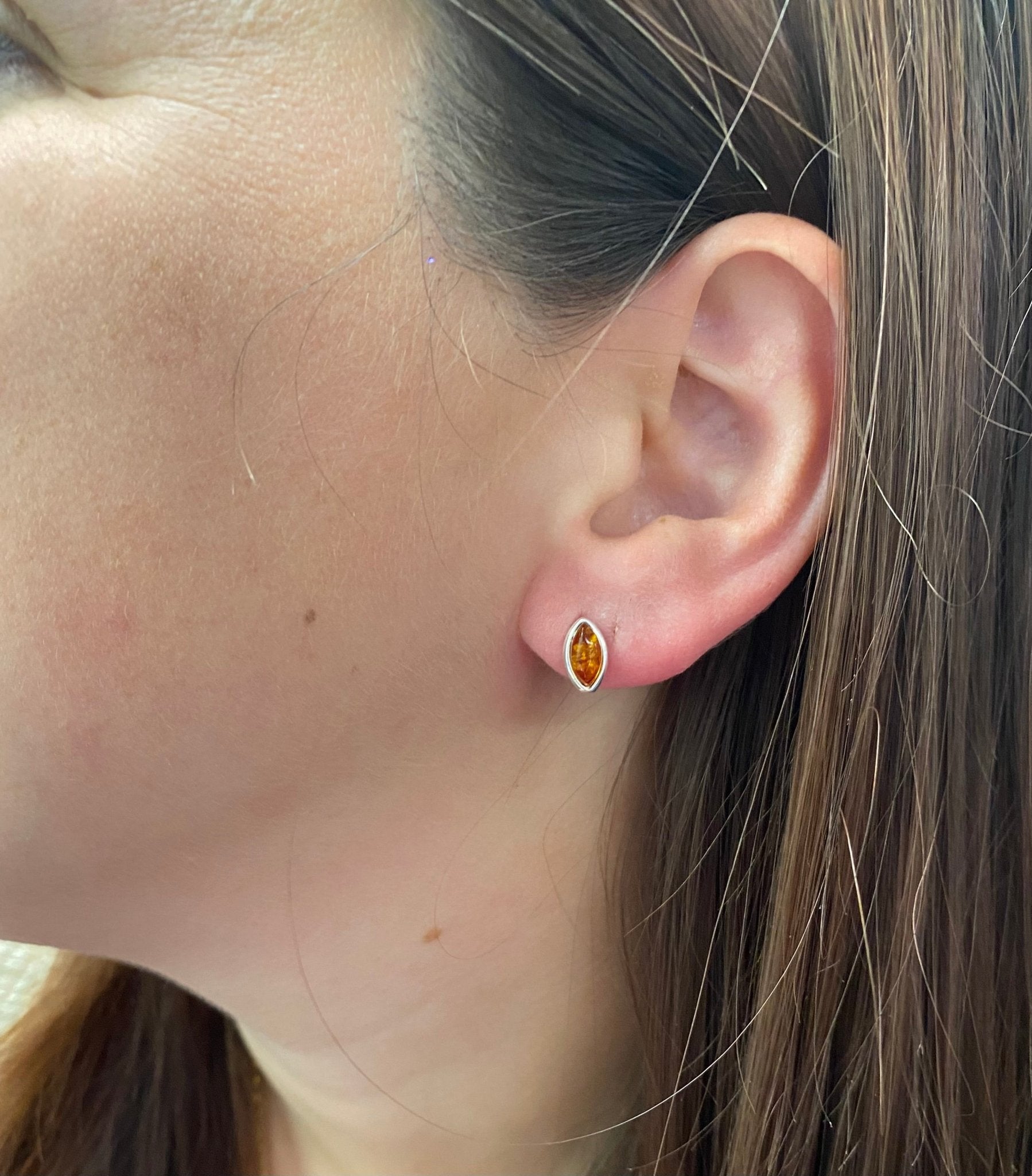 Oval Stud Earrings in Sterling Silver and Cognac Baltic Amber - Louise's Jewellery Box