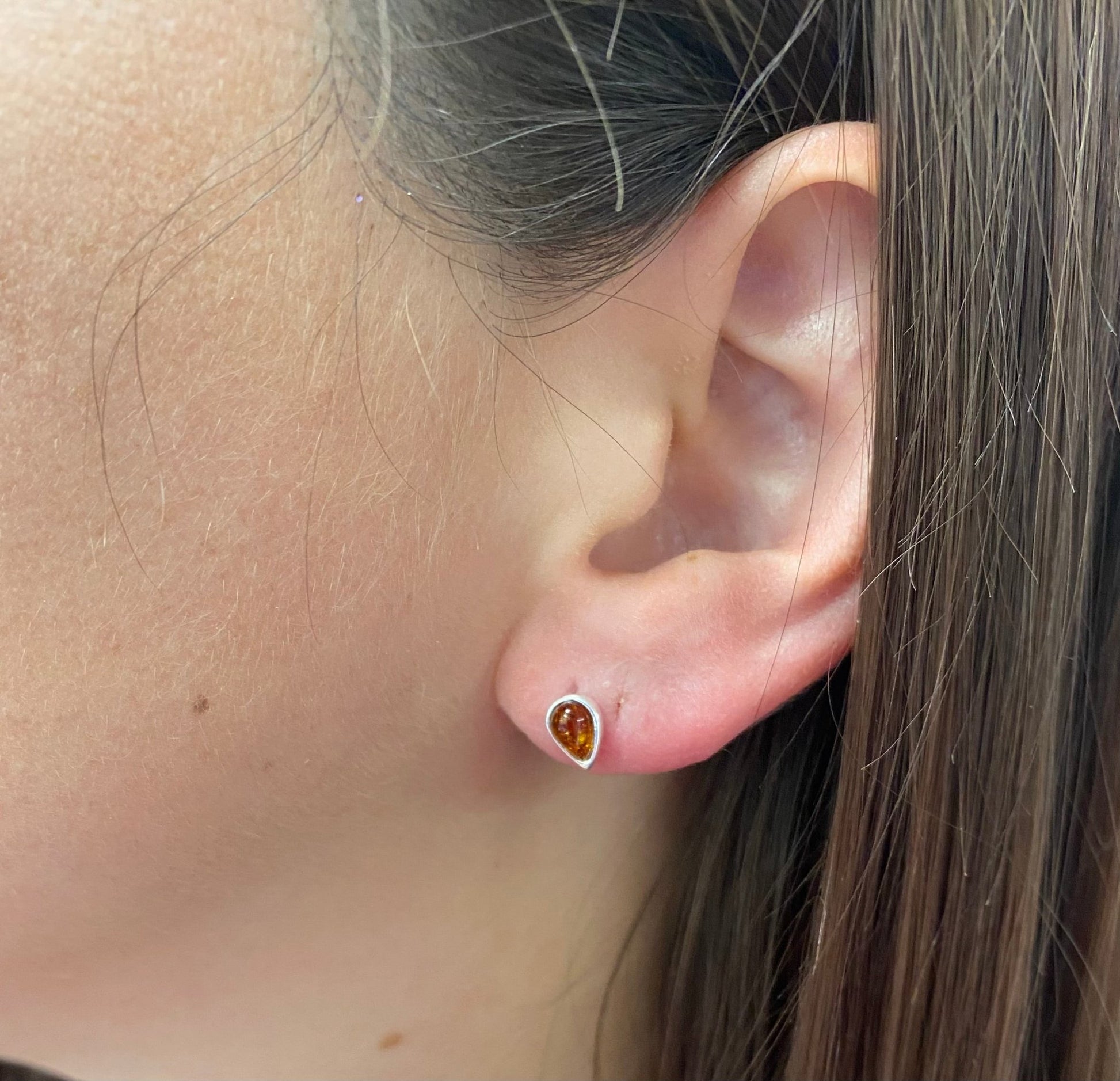Pear Shaped Sterling Silver and Cognac Baltic Amber Studs - Louise's Jewellery Box