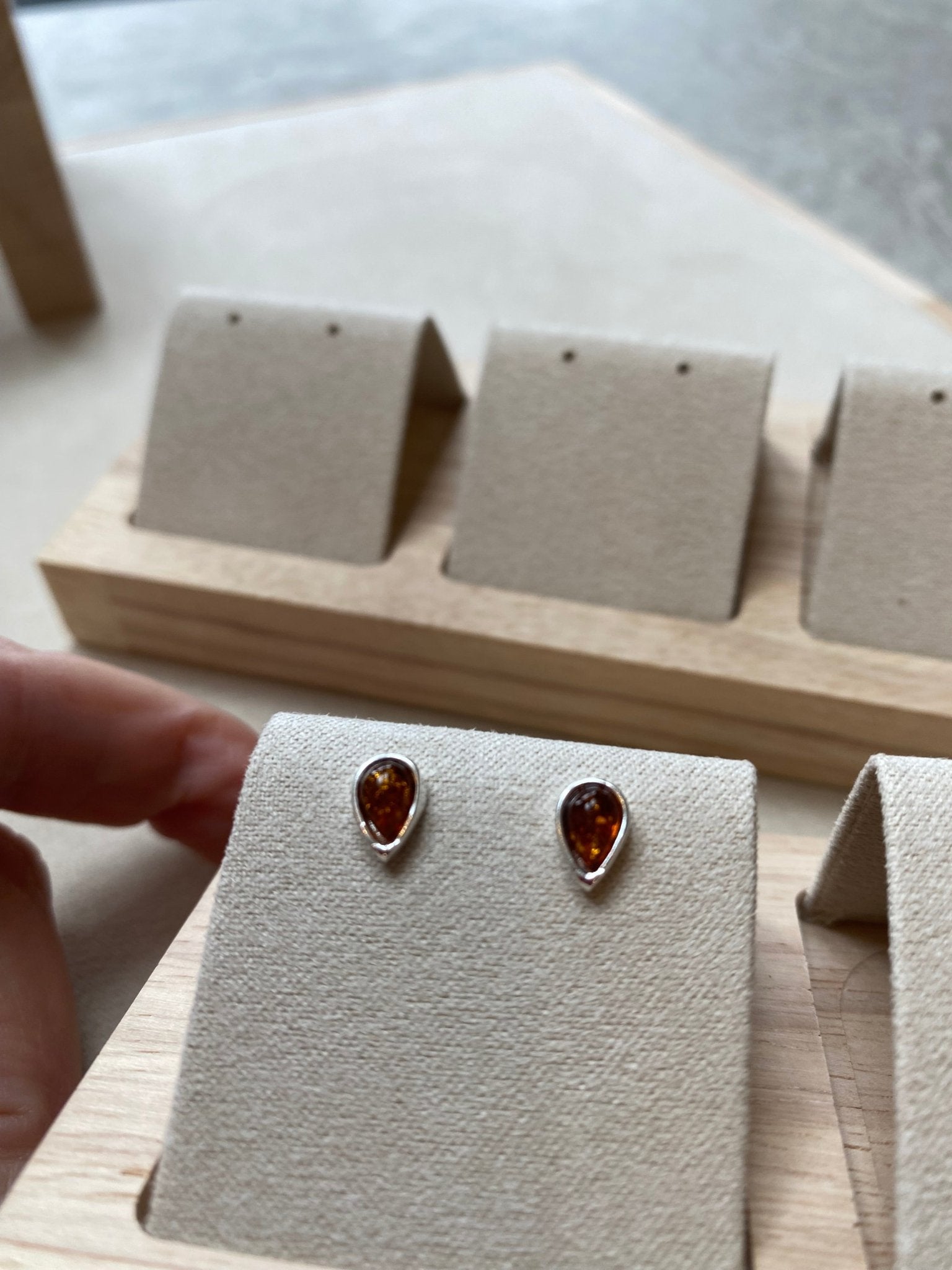Pear Shaped Sterling Silver and Cognac Baltic Amber Studs - Louise's Jewellery Box