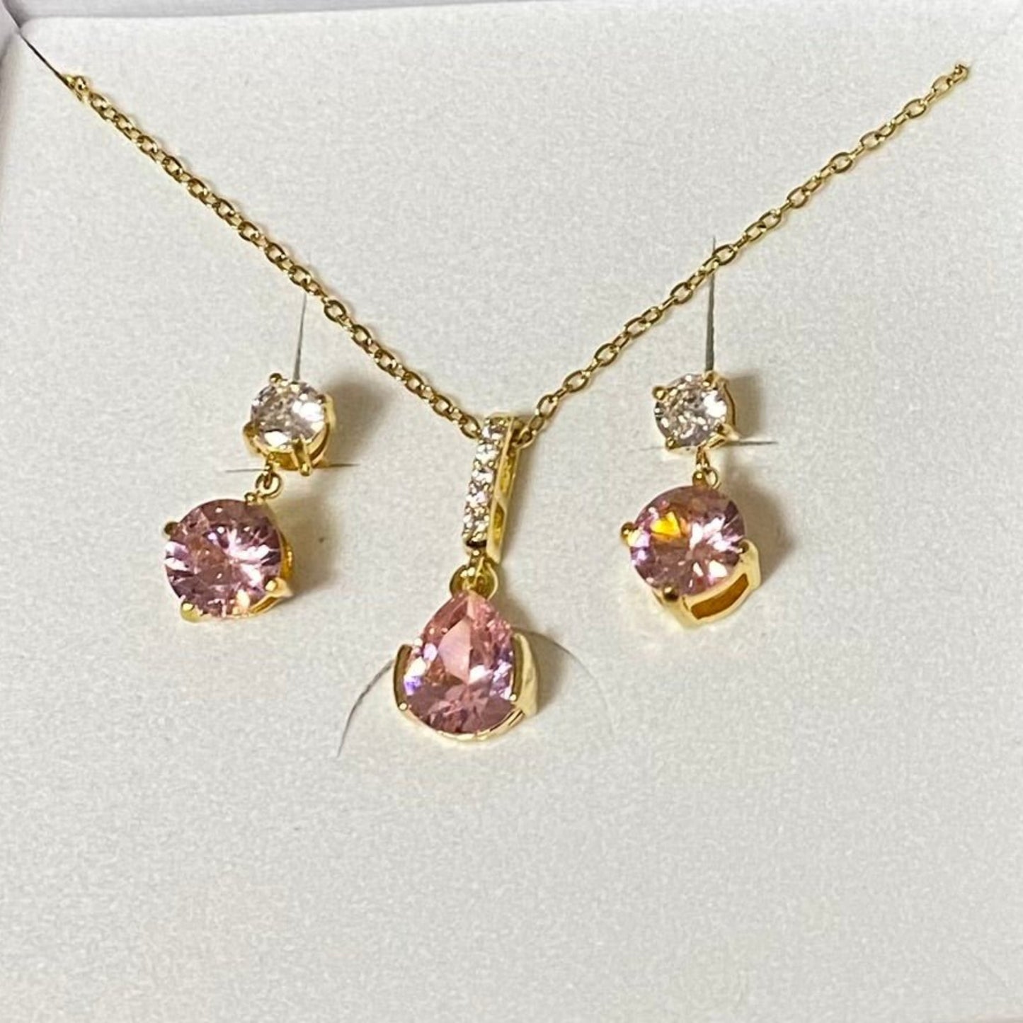 Pink and Clear Crystal Gold Plated Necklace and Earring Set - Louise's Jewellery Box