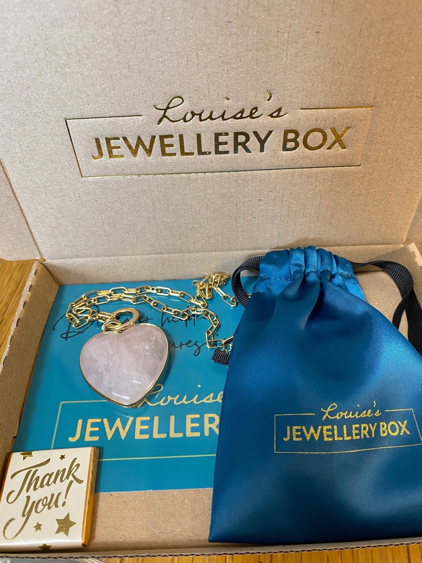 Rose Quartz Heart Pendant on a Gold Plated Chain - Louise's Jewellery Box
