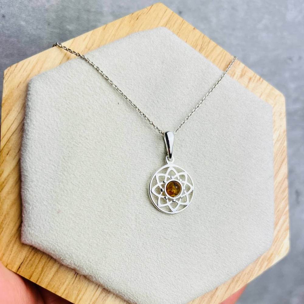Round Celtic Inspired Sterling Silver Pendant with Cognac Baltic Amber Pendant - Louise's Jewellery Box