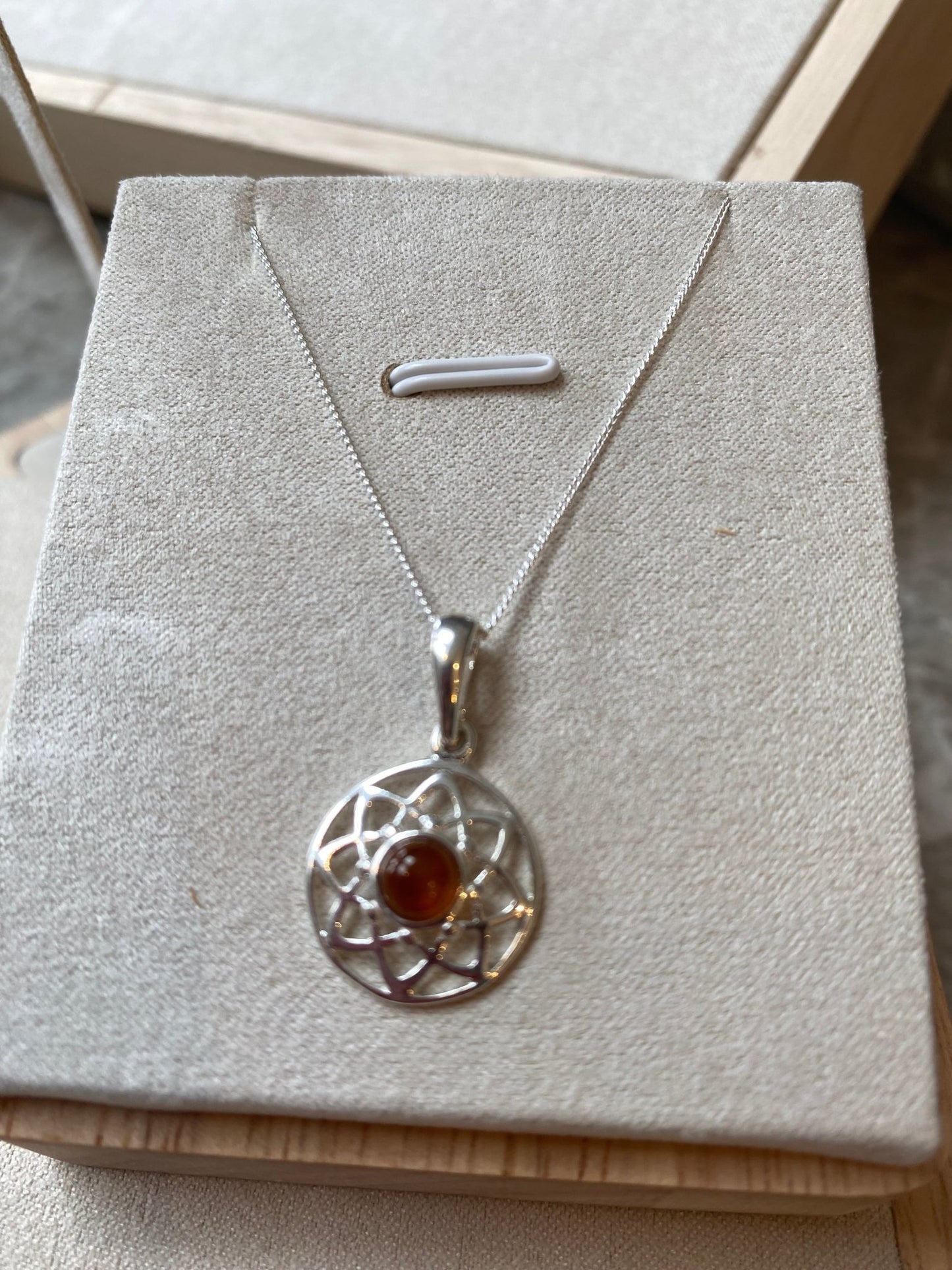 Round Celtic Inspired Sterling Silver Pendant with Cognac Baltic Amber Pendant - Louise's Jewellery Box