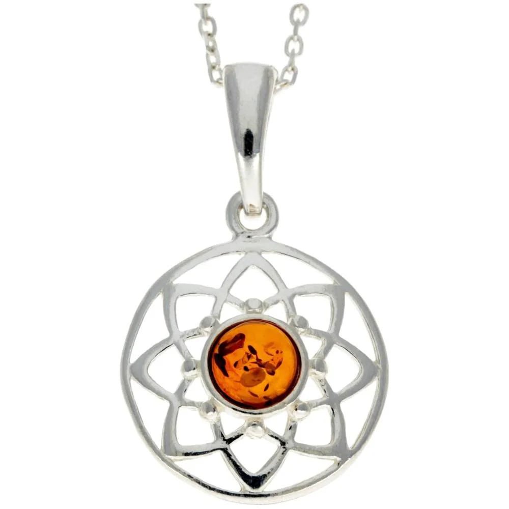 Round Celtic Inspired Sterling Silver Pendant with Cognac Baltic Amber Pendant - Louise's Jewellery Box
