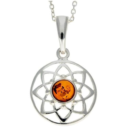 Round Celtic Inspired Sterling Silver Pendant with Cognac Baltic Amber Pendant - Louise's Jewellery Box