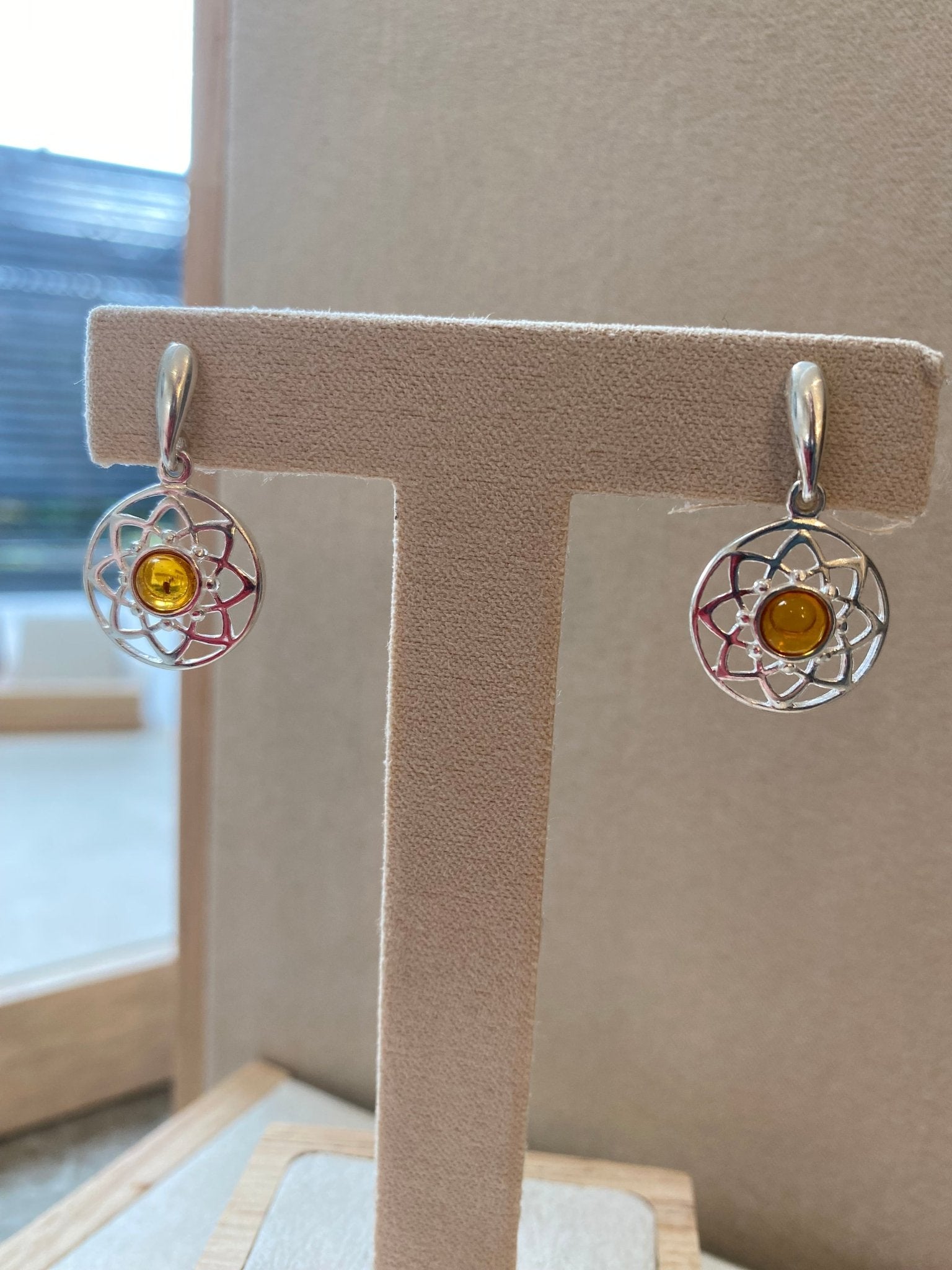 Round Celtic Stud Drop Earrings in Sterling Silver with Cognac Baltic Amber - Louise's Jewellery Box