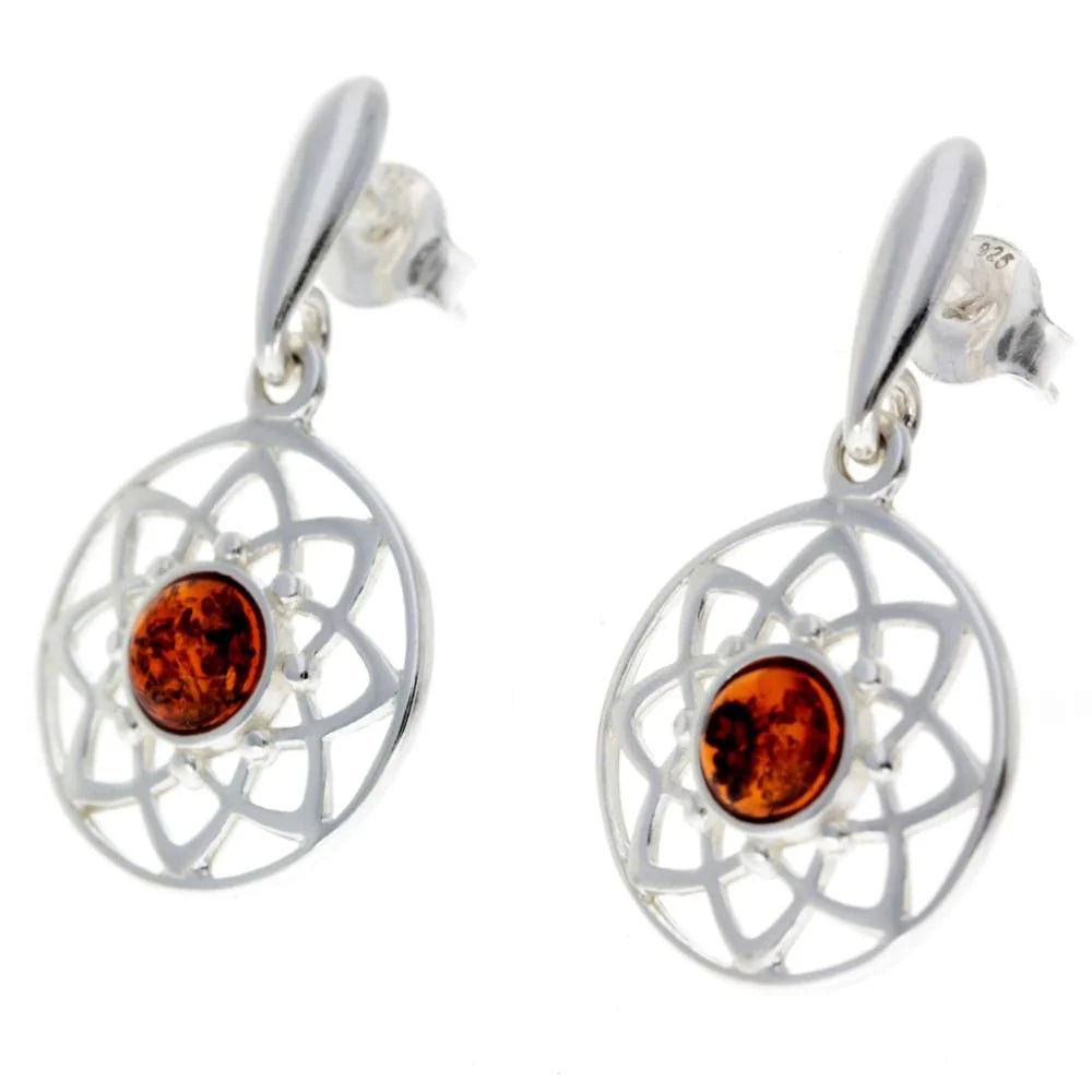 Round Celtic Stud Drop Earrings in Sterling Silver with Cognac Baltic Amber - Louise's Jewellery Box