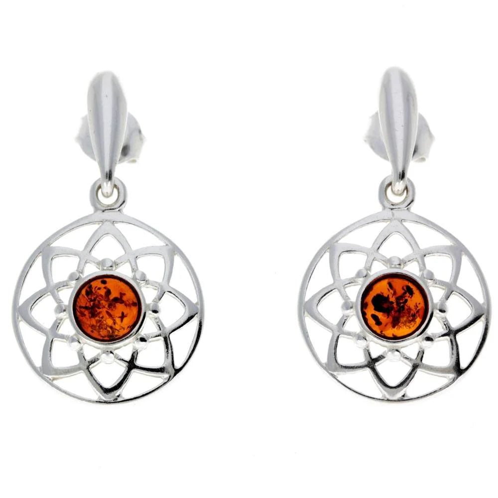 Round Celtic Stud Drop Earrings in Sterling Silver with Cognac Baltic Amber - Louise's Jewellery Box