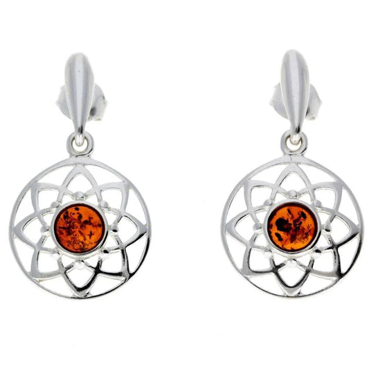 Round Celtic Stud Drop Earrings in Sterling Silver with Cognac Baltic Amber - Louise's Jewellery Box