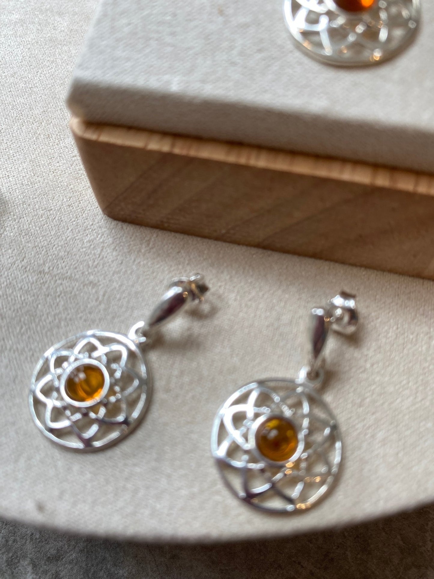 Round Celtic Stud Drop Earrings in Sterling Silver with Cognac Baltic Amber - Louise's Jewellery Box