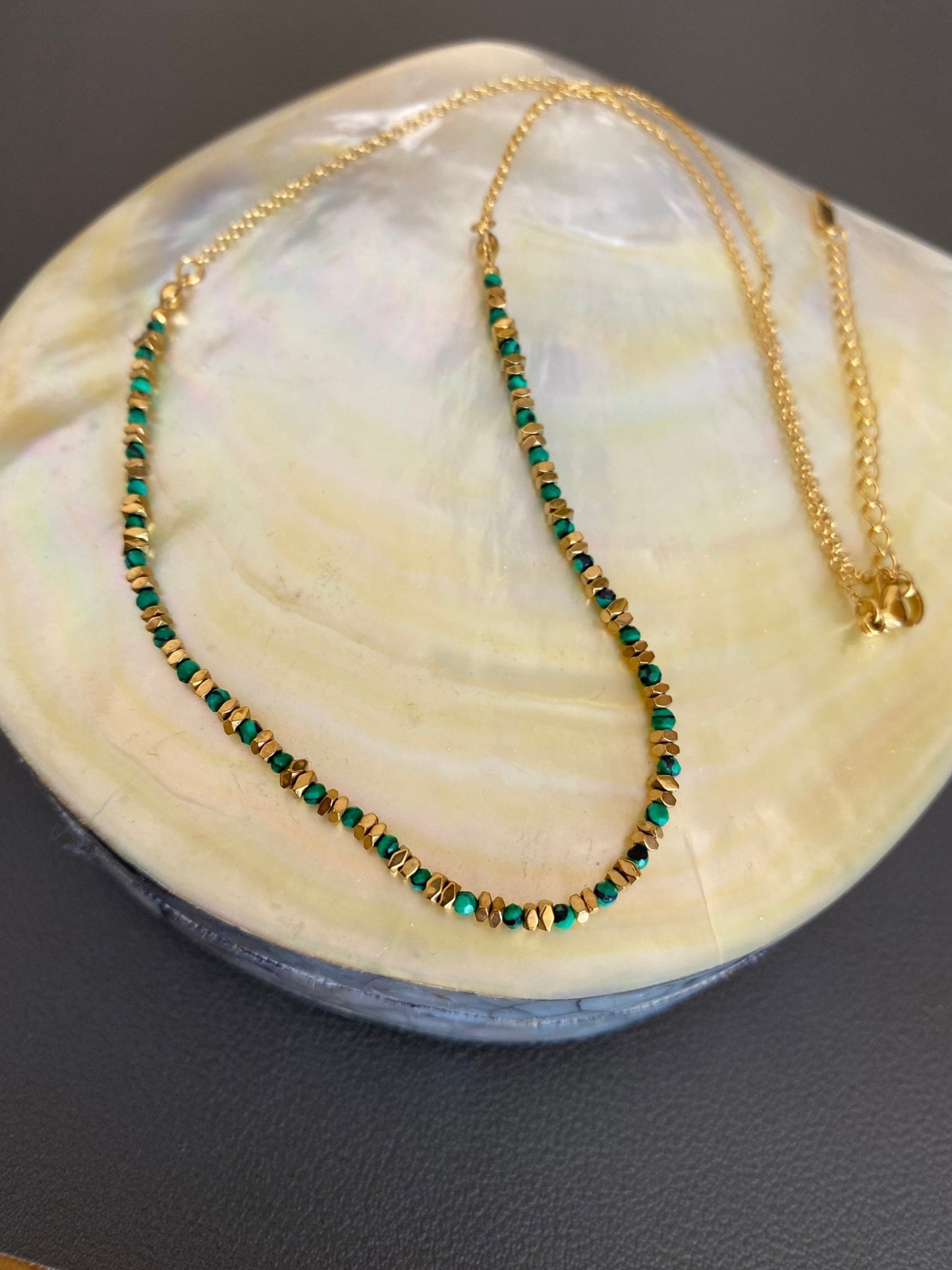 Short Gold Plated Necklace with Delicate Green Malachite beads - Louise's Jewellery Box