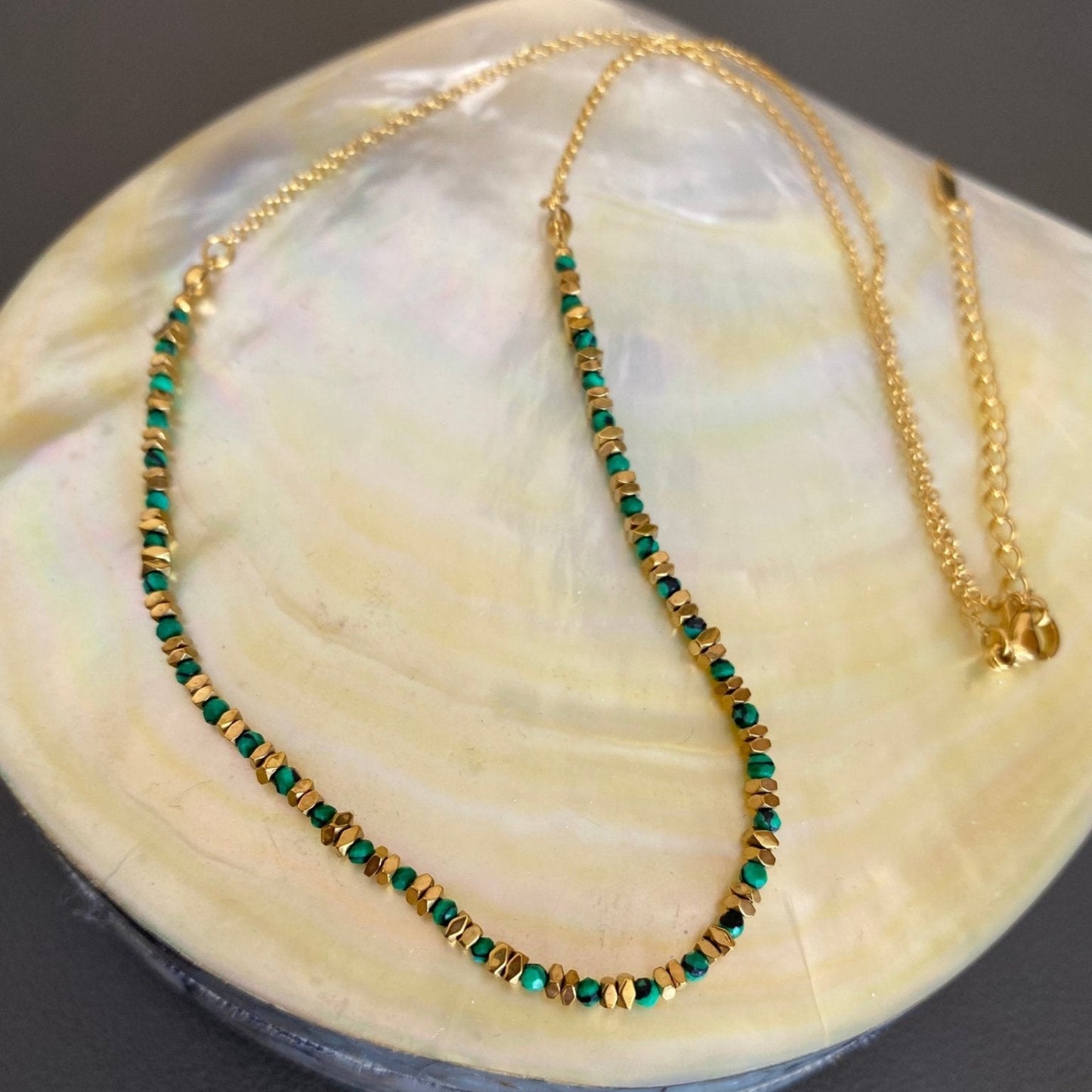 Short Gold Plated Necklace with Delicate Green Malachite beads - Louise's Jewellery Box