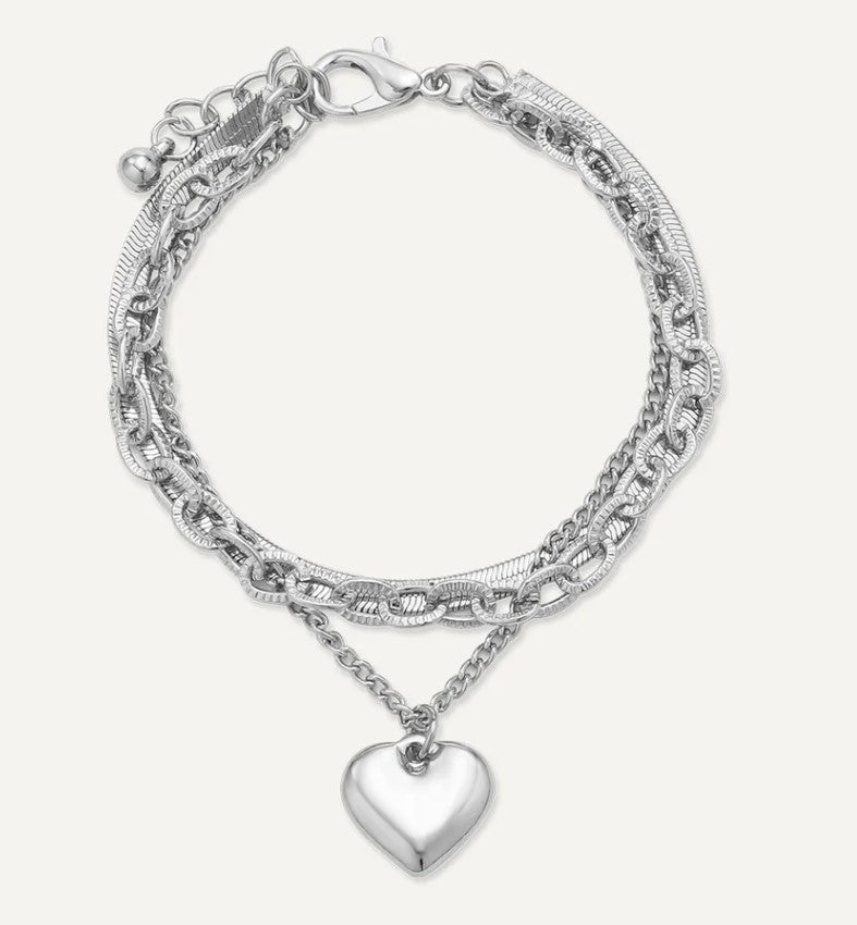 Silver Triple Layer Bracelet with Heart Charm - Louise's Jewellery Box