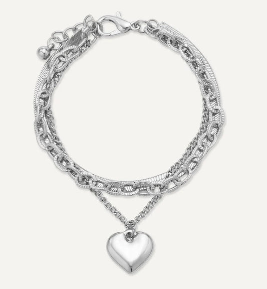 Silver Triple Layer Bracelet with Heart Charm - Louise's Jewellery Box