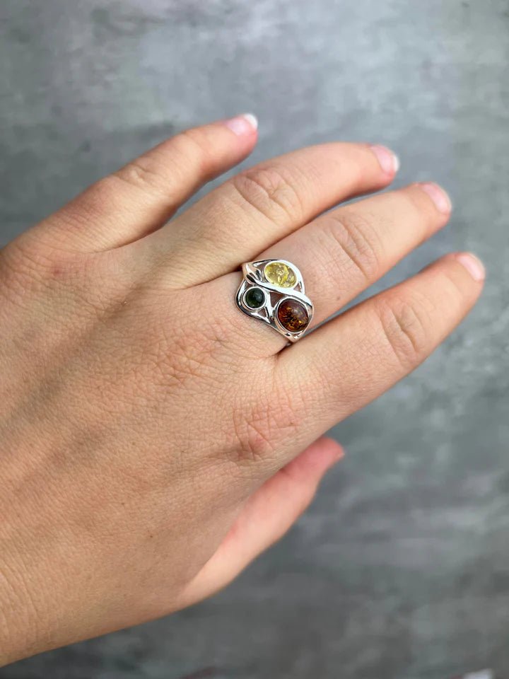 Sterling Silver Adjustable Ring with Mixed Baltic Amber - Louise's Jewellery Box