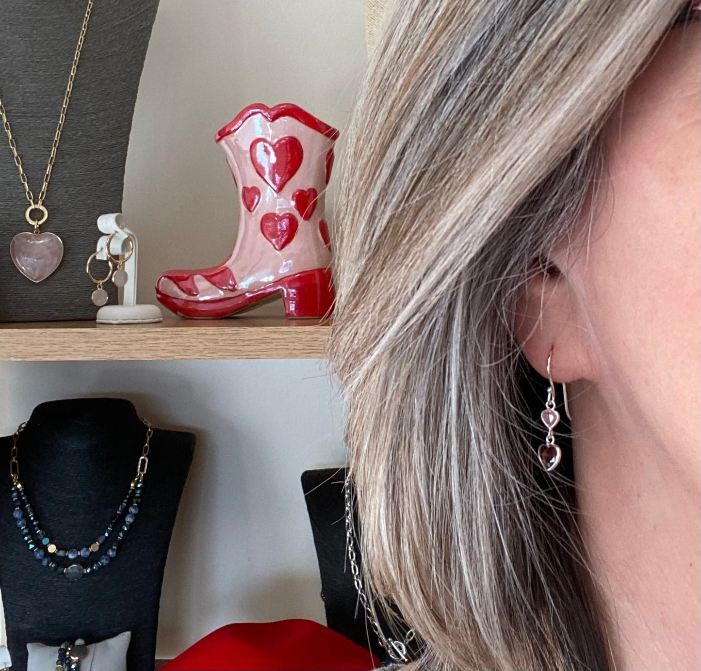 Sterling Silver Hook Earring with Red and Pink Crystal Hearts - Louise's Jewellery Box