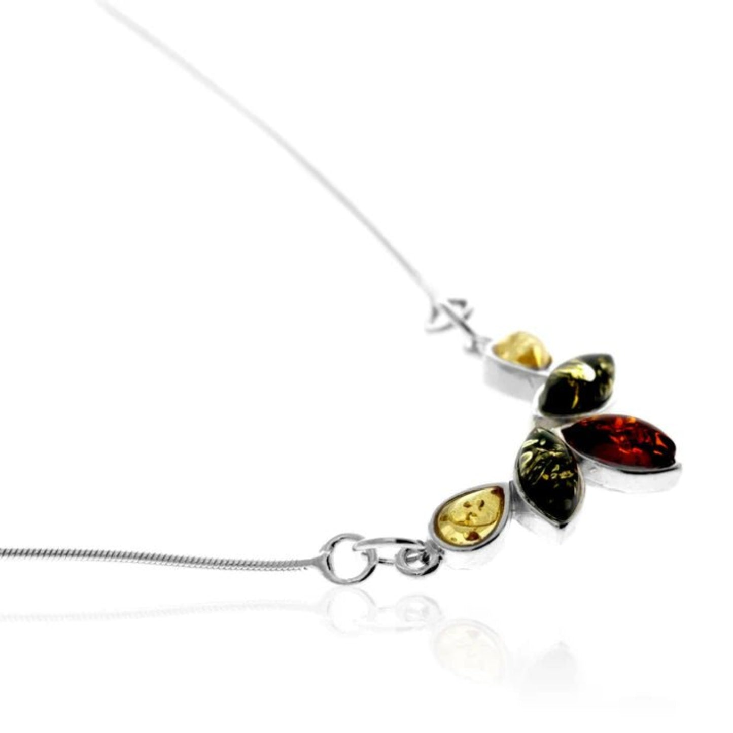 Sterling silver necklace with mixed Baltic amber, with teardrop-shaped colorful amber details and silver chain.