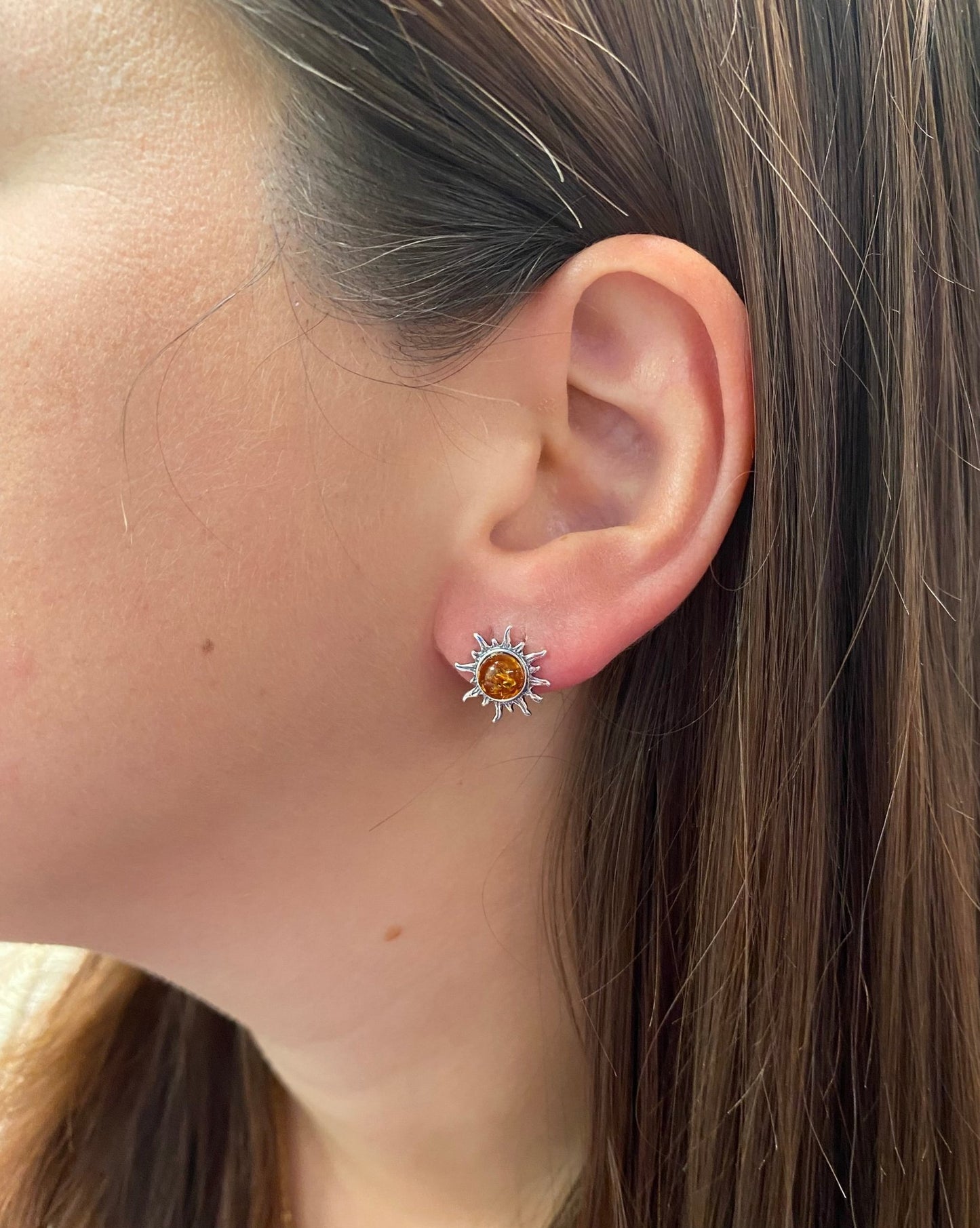 Sun Stud Sterling Silver Earrings with Cognac Baltic Amber - Louise's Jewellery Box