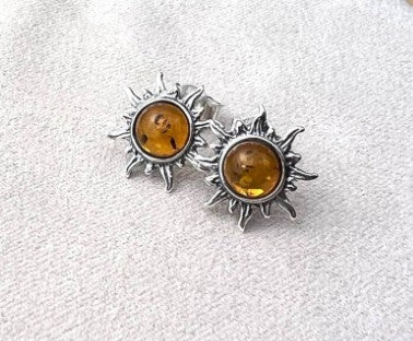 Sun Stud Sterling Silver Earrings with Cognac Baltic Amber - Louise's Jewellery Box