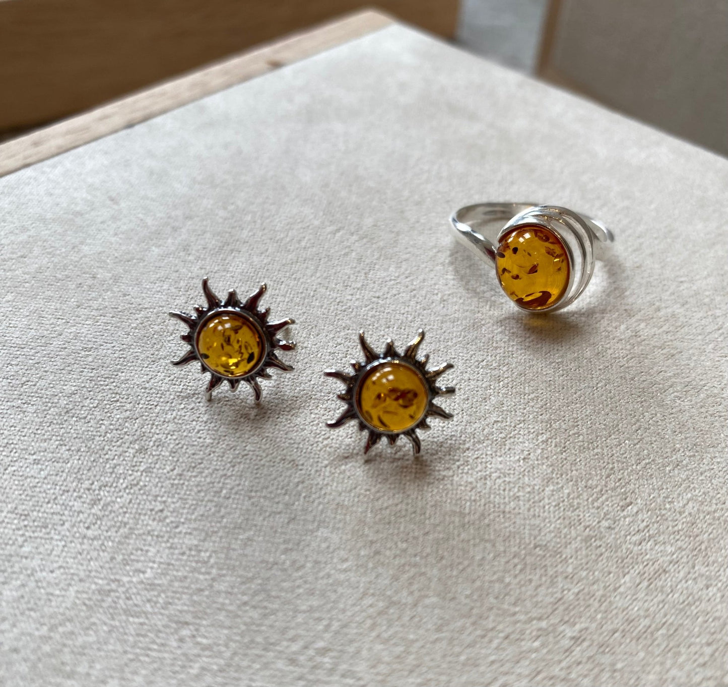 Sun Stud Sterling Silver Earrings with Cognac Baltic Amber - Louise's Jewellery Box