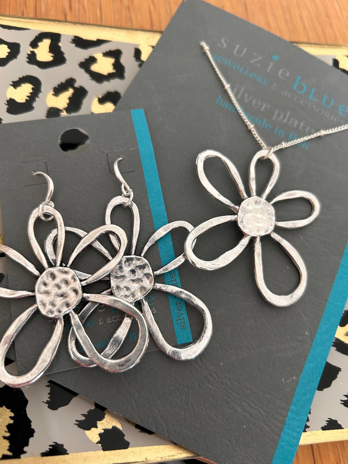 Suzie Blue Silver Plated Large Open Flower Necklace - Louise's Jewellery Box