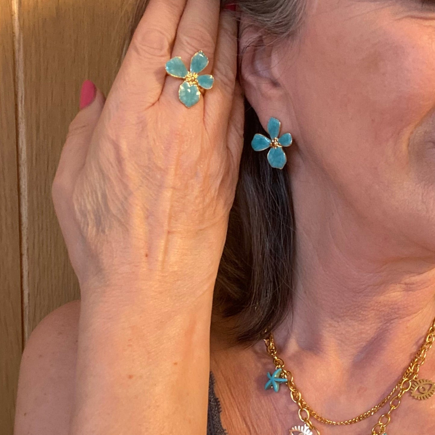 Turquoise Flower Ring and Earring Set in Gold Plate - Louise's Jewellery Box