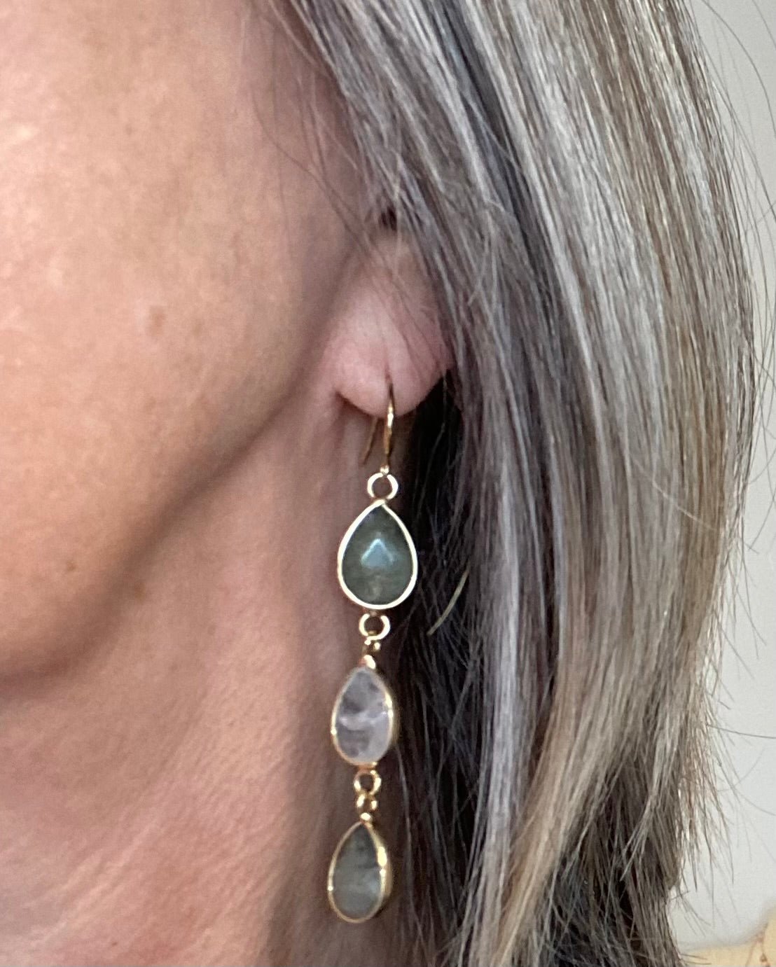 Venus Drop Earrings in Gold Plate/ Moonstone and Labradorite - Louise's Jewellery Box