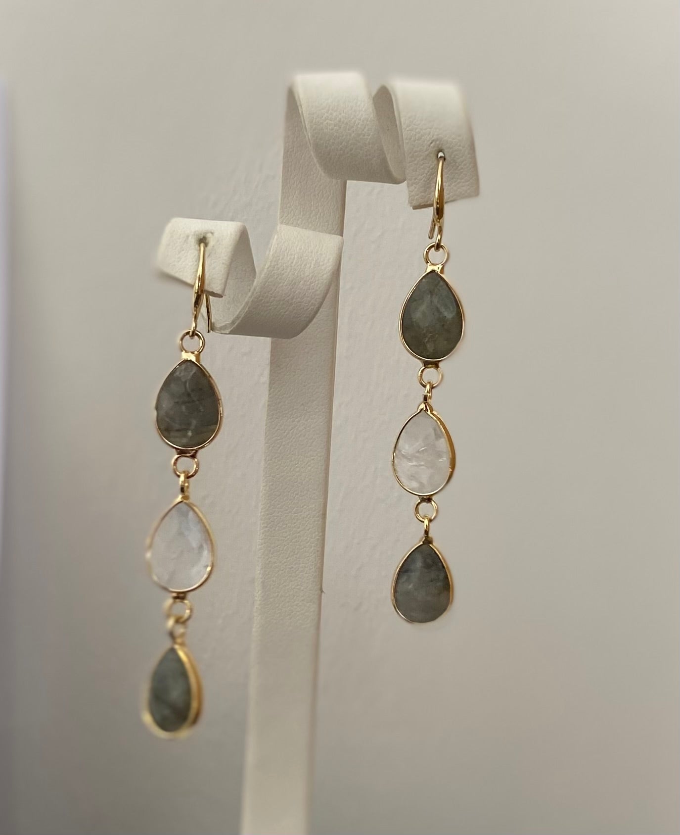 Venus Drop Earrings in Gold Plate/ Moonstone and Labradorite - Louise's Jewellery Box