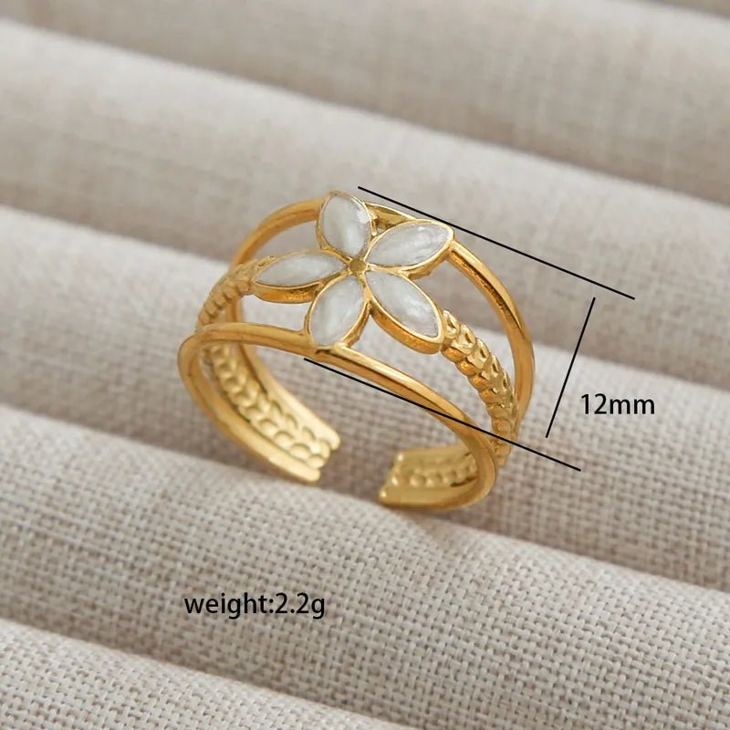 Waterproof Adjustable Flower Ring in Gold Plate with White Enamel - Louise's Jewellery Box