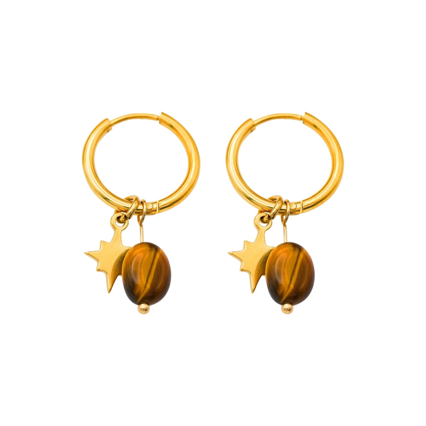 Waterproof Gold Plated Hoops with Star and Tigers Eye Stone - Louise's Jewellery Box