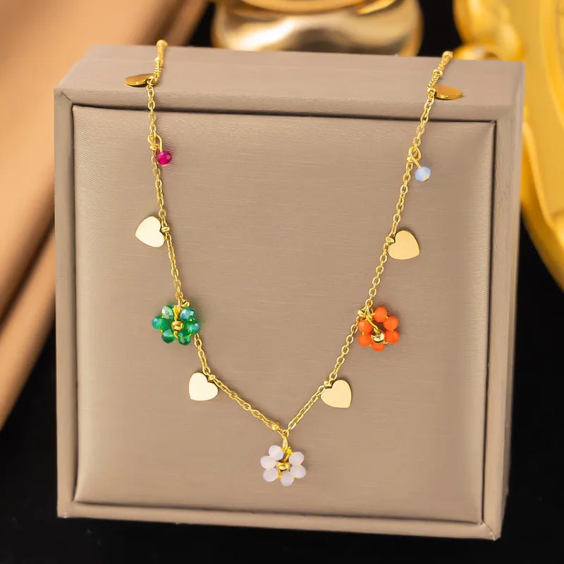 Waterproof Gold Plated Necklace with Hearts and Flowers - Louise's Jewellery Box