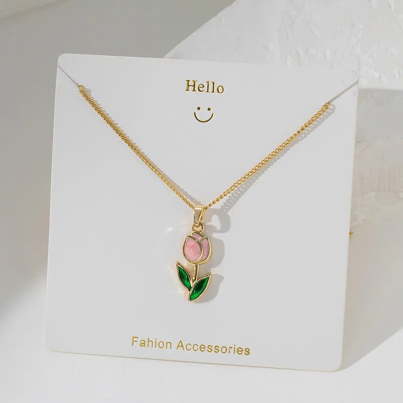 Waterproof Gold Plated Necklace with Pink Tulip Charm - Louise's Jewellery Box