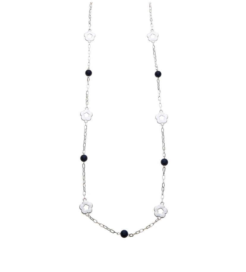 Long Silver Plated Necklace with Flower Motif and Lapis Stones