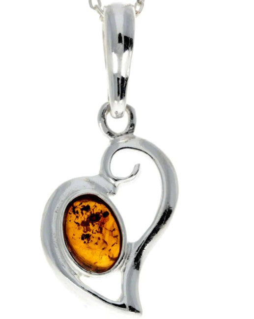 Modern Heart Pendant in Sterling Silver with Cognac Baltic Amber