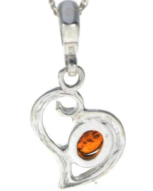 Modern Heart Pendant in Sterling Silver with Cognac Baltic Amber