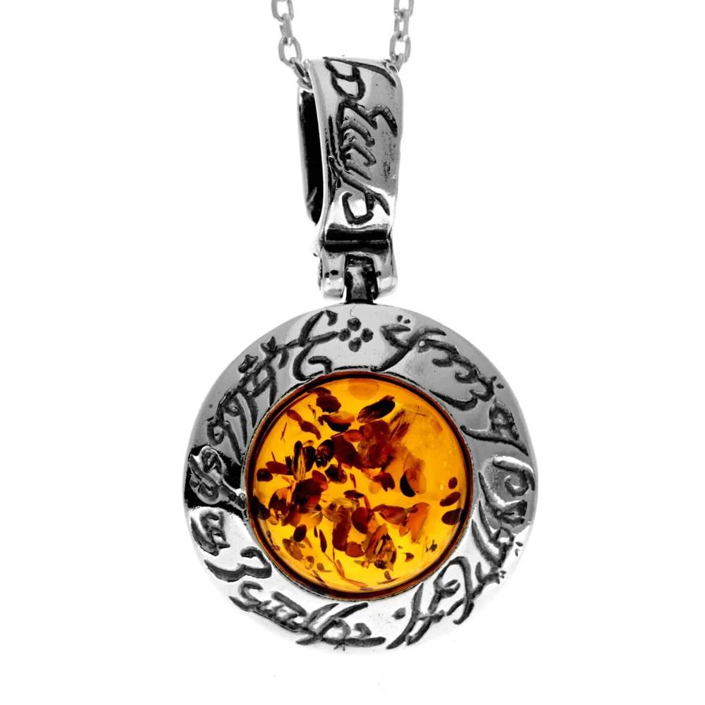 Round Stirling Silver Pendant with Cognac Baltic Amber Stone and Mystical Etchings