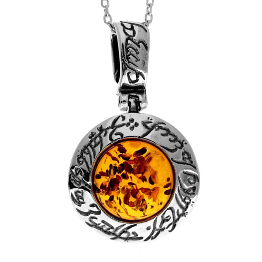Round Stirling Silver Pendant with Cognac Baltic Amber Stone and Mystical Etchings