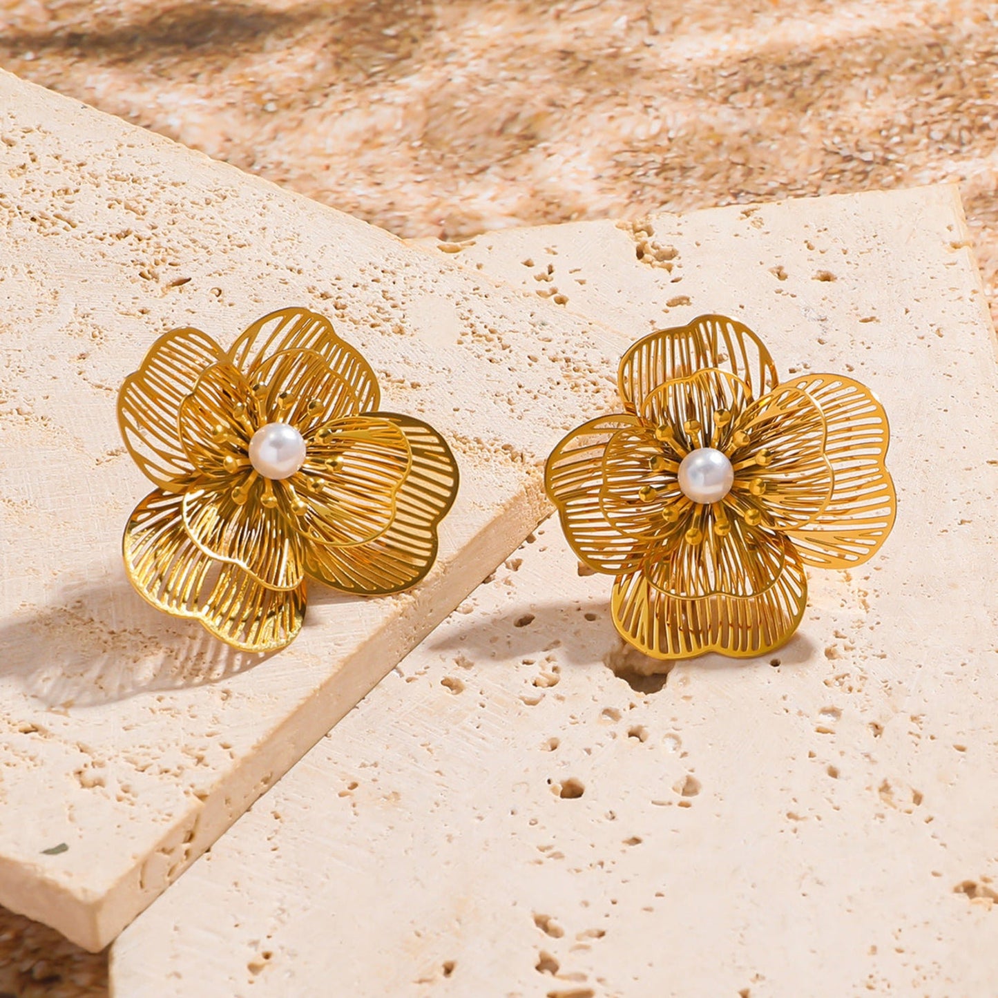 18ct Gold Plated Waterproof Flower Stud Earrings - Louise's Jewellery Box