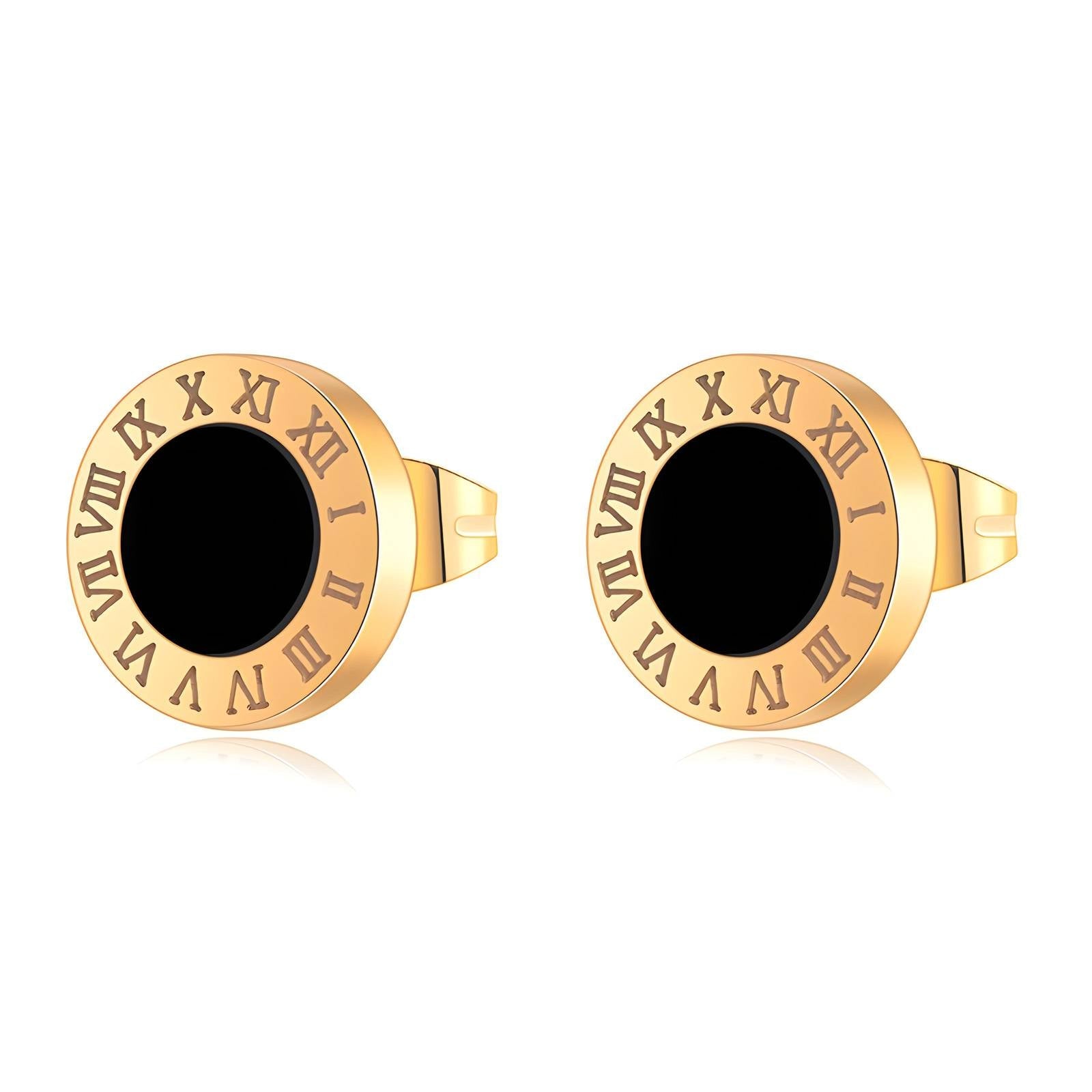 18K Gold Plated and Black Waterproof Roman Numeral Earrings - Louise's Jewellery Box