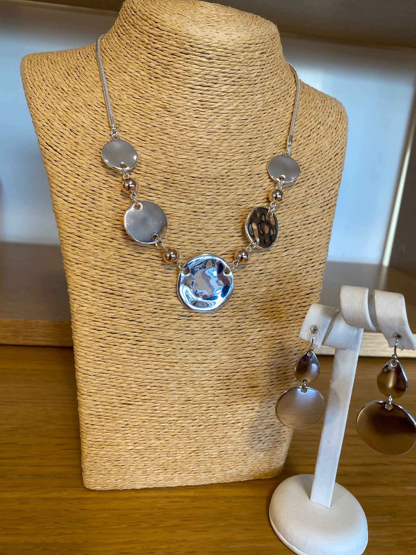 Silver Disc Necklace with Rose Gold Beads