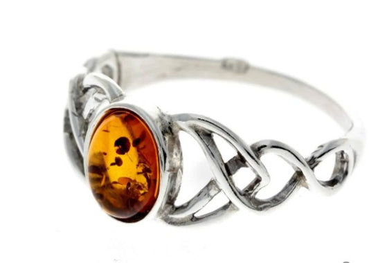 Celtic Ring in Sterling Silver and Cognac Baltic Amber
