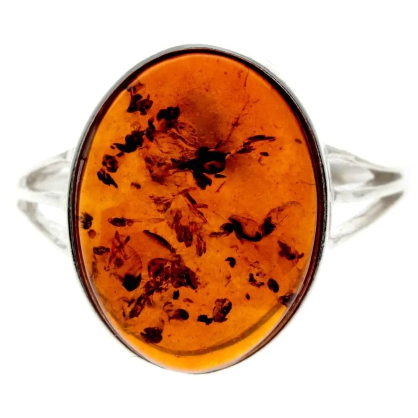 Sterling Silver Ring with Oval Cognac Baltic Amber